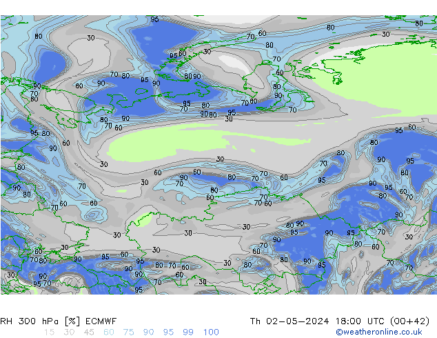 Humedad rel. 300hPa ECMWF jue 02.05.2024 18 UTC