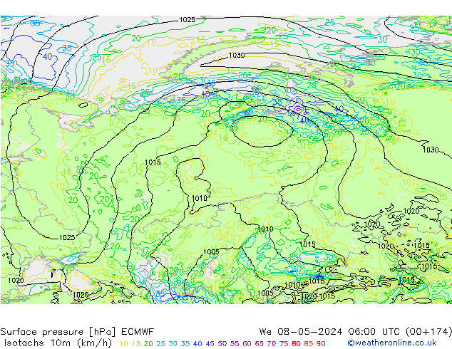 Isotachs (kph) ECMWF We 08.05.2024 06 UTC