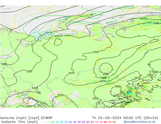 Isotachs (mph) ECMWF Čt 02.05.2024 00 UTC