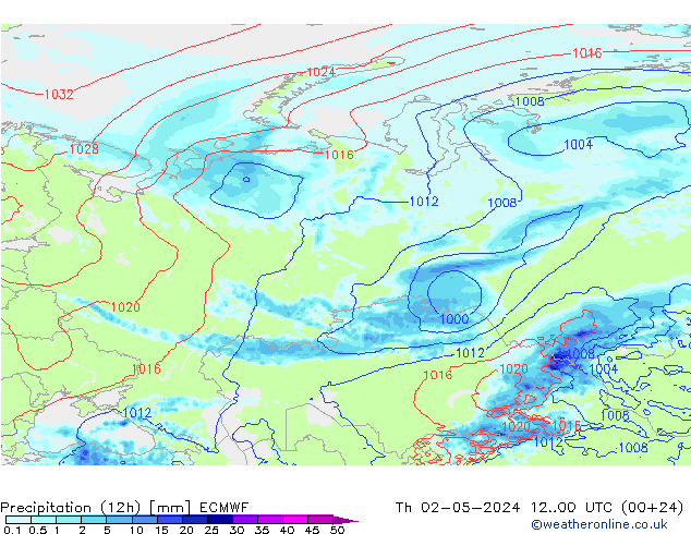 Precipitation (12h) ECMWF Čt 02.05.2024 00 UTC