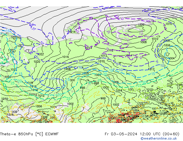 Theta-e 850hPa ECMWF Fr 03.05.2024 12 UTC