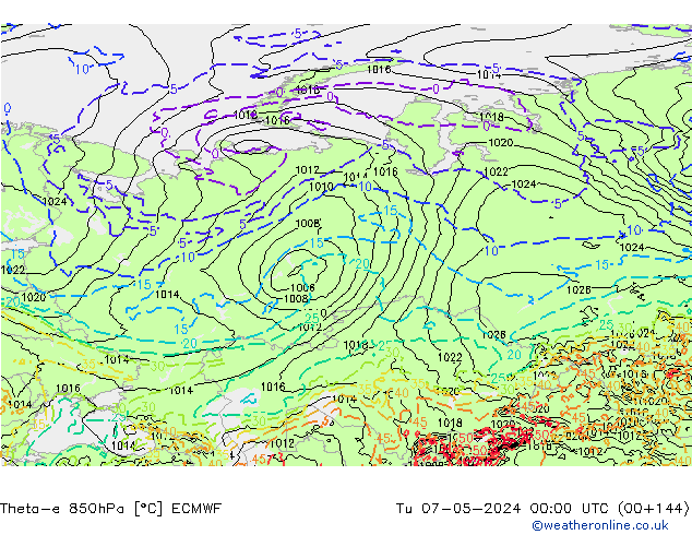 Theta-e 850hPa ECMWF Tu 07.05.2024 00 UTC