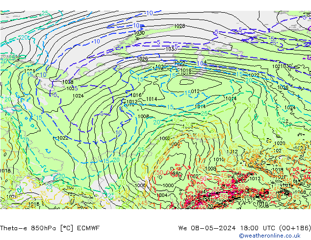 Theta-e 850hPa ECMWF We 08.05.2024 18 UTC