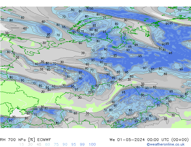 RH 700 hPa ECMWF śro. 01.05.2024 00 UTC