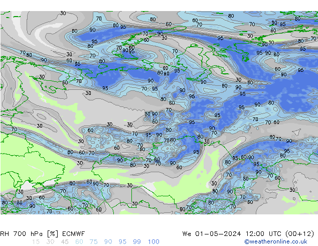 RH 700 hPa ECMWF We 01.05.2024 12 UTC