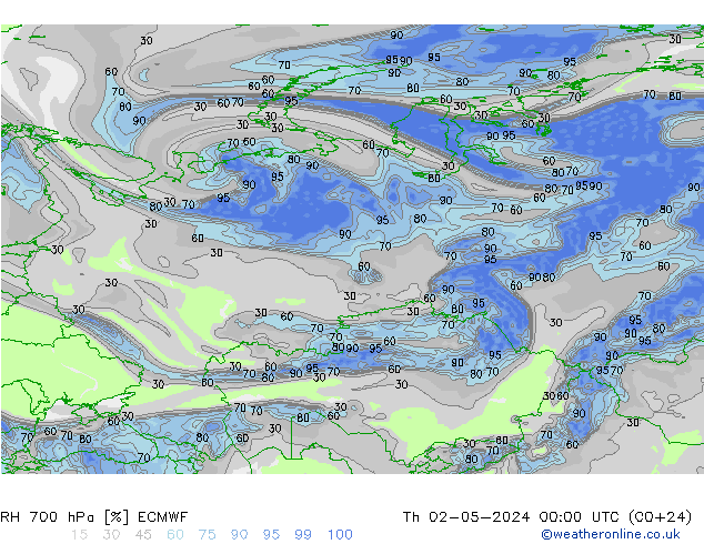 RH 700 hPa ECMWF Čt 02.05.2024 00 UTC