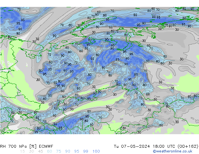 Humidité rel. 700 hPa ECMWF mar 07.05.2024 18 UTC