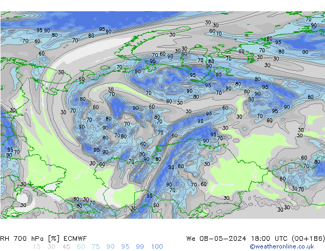 RH 700 гПа ECMWF ср 08.05.2024 18 UTC