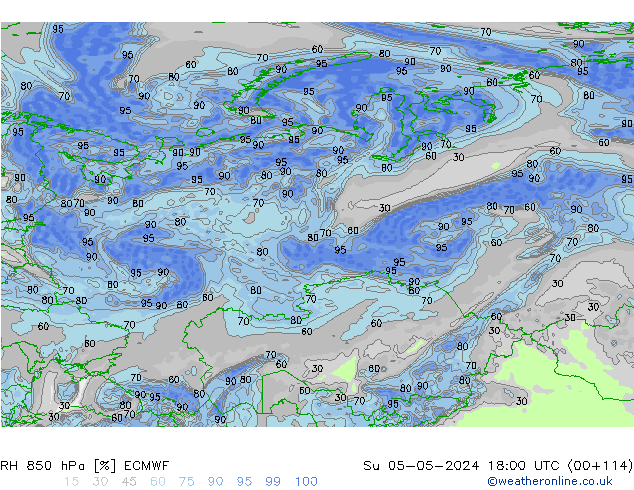 RH 850 hPa ECMWF Dom 05.05.2024 18 UTC