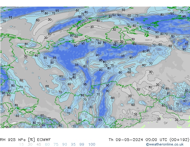 Humedad rel. 925hPa ECMWF jue 09.05.2024 00 UTC