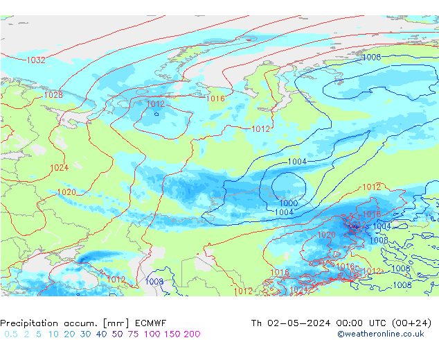 Precipitation accum. ECMWF Čt 02.05.2024 00 UTC