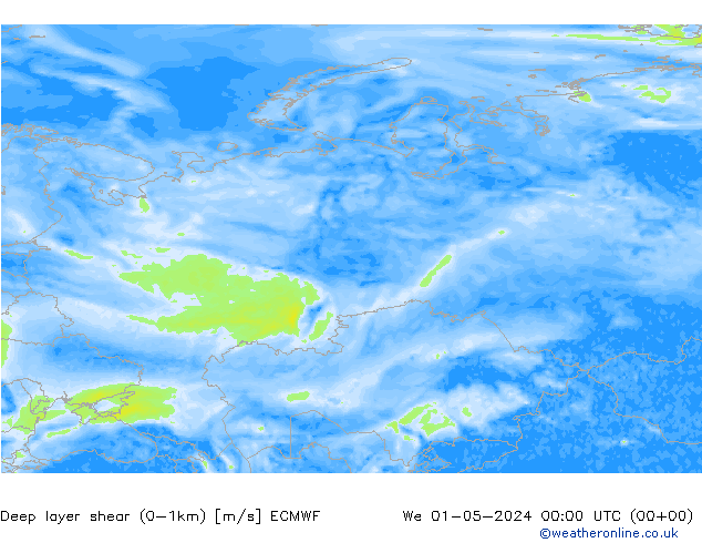 Deep layer shear (0-1km) ECMWF Mi 01.05.2024 00 UTC