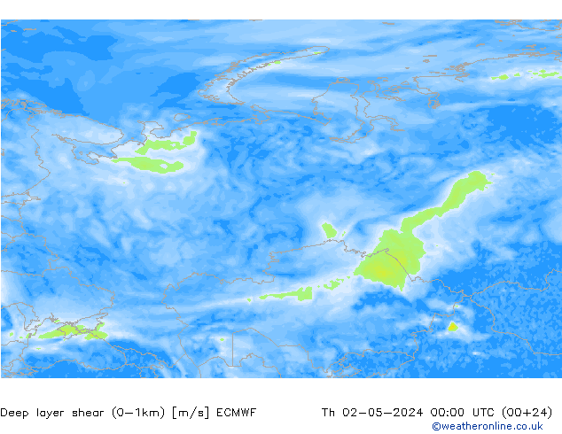 Deep layer shear (0-1km) ECMWF Čt 02.05.2024 00 UTC