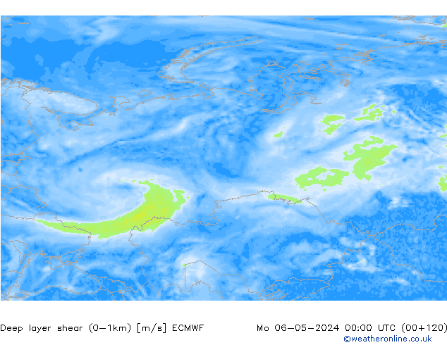 Deep layer shear (0-1km) ECMWF Mo 06.05.2024 00 UTC