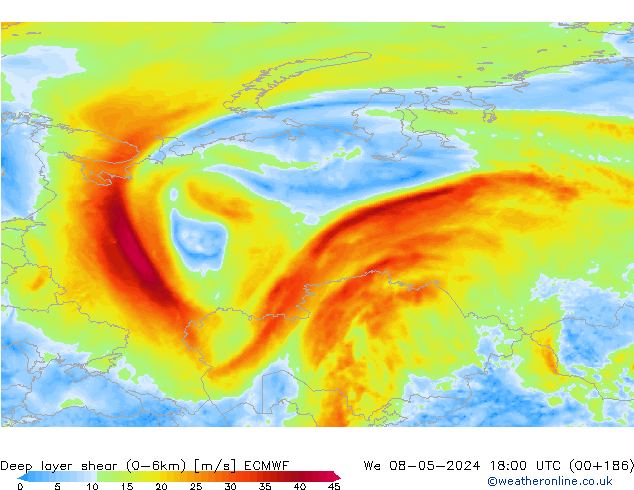 Deep layer shear (0-6km) ECMWF We 08.05.2024 18 UTC