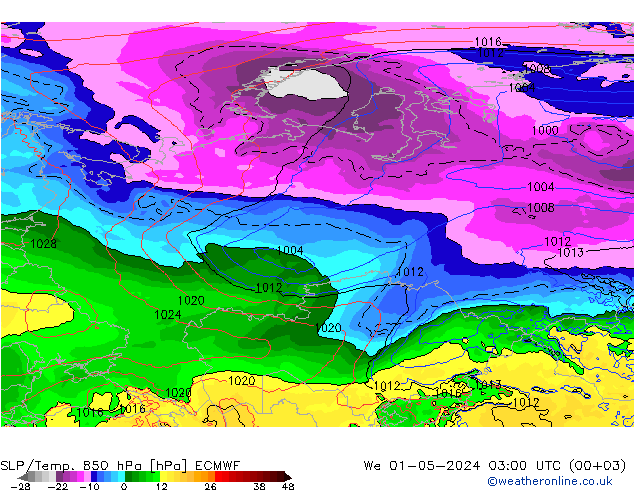 SLP/Temp. 850 hPa ECMWF Mi 01.05.2024 03 UTC