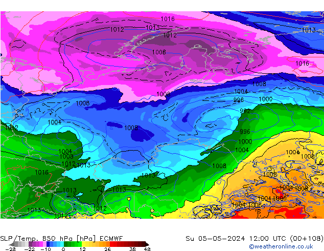 SLP/Temp. 850 гПа ECMWF Вс 05.05.2024 12 UTC