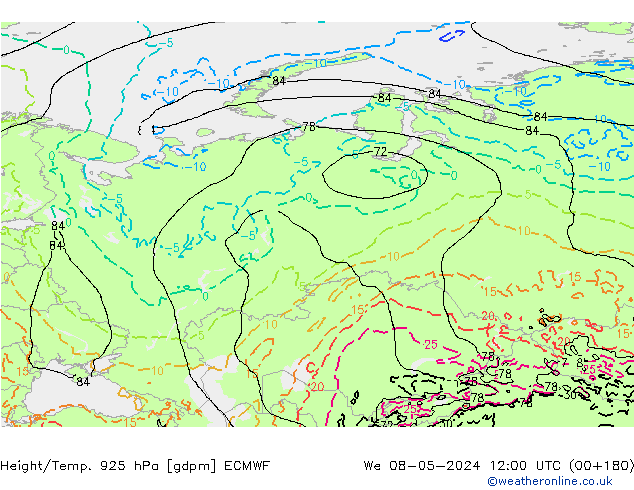 Height/Temp. 925 hPa ECMWF We 08.05.2024 12 UTC