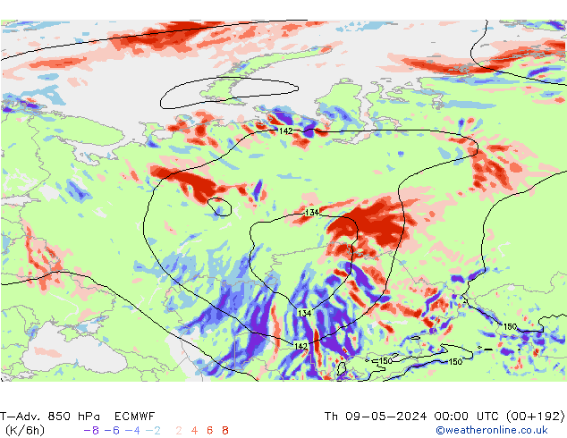 T-Adv. 850 hPa ECMWF czw. 09.05.2024 00 UTC