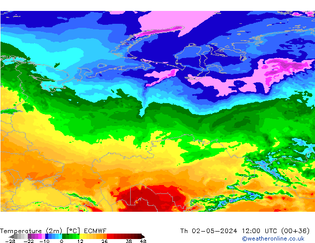 Temperatura (2m) ECMWF jue 02.05.2024 12 UTC