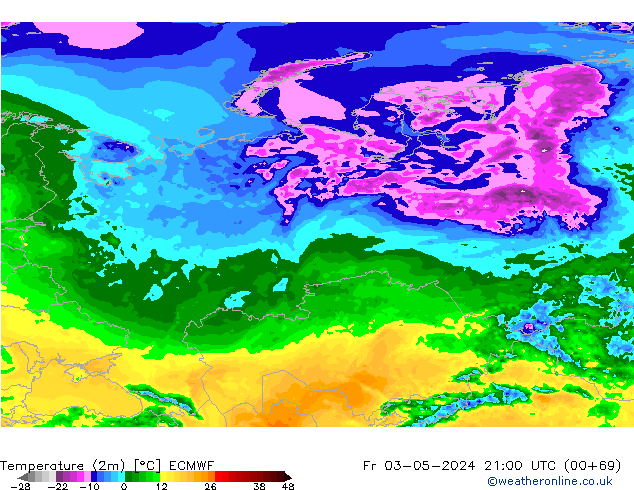 Temperature (2m) ECMWF Fr 03.05.2024 21 UTC