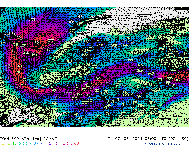 Wind 500 hPa ECMWF Tu 07.05.2024 06 UTC