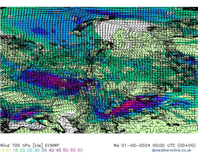 Wind 700 hPa ECMWF Mi 01.05.2024 00 UTC