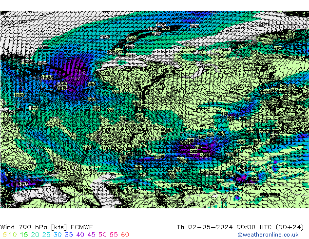 Wind 700 hPa ECMWF Čt 02.05.2024 00 UTC