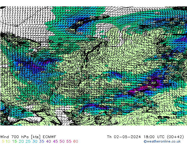 Wind 700 hPa ECMWF Čt 02.05.2024 18 UTC