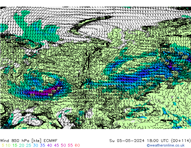 wiatr 850 hPa ECMWF nie. 05.05.2024 18 UTC