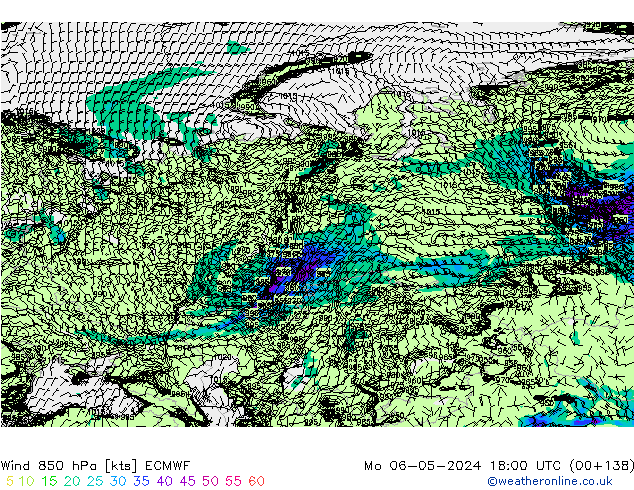 Vento 850 hPa ECMWF lun 06.05.2024 18 UTC