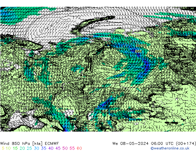 Vento 850 hPa ECMWF Qua 08.05.2024 06 UTC