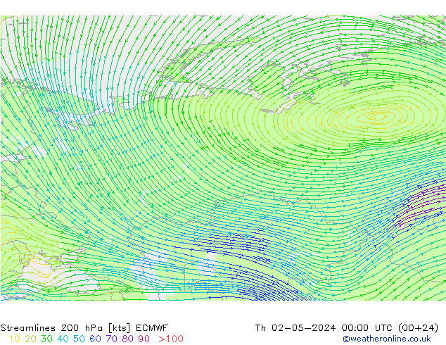 Streamlines 200 hPa ECMWF Čt 02.05.2024 00 UTC