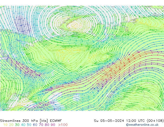 Stromlinien 300 hPa ECMWF So 05.05.2024 12 UTC