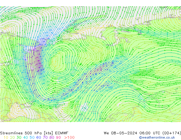 Streamlines 500 hPa ECMWF We 08.05.2024 06 UTC