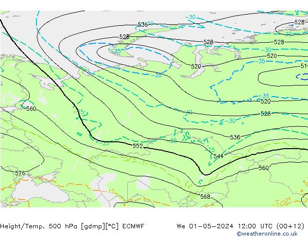 Z500/Rain (+SLP)/Z850 ECMWF We 01.05.2024 12 UTC