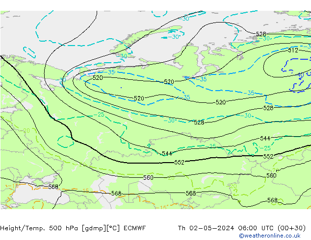 Z500/Rain (+SLP)/Z850 ECMWF Th 02.05.2024 06 UTC