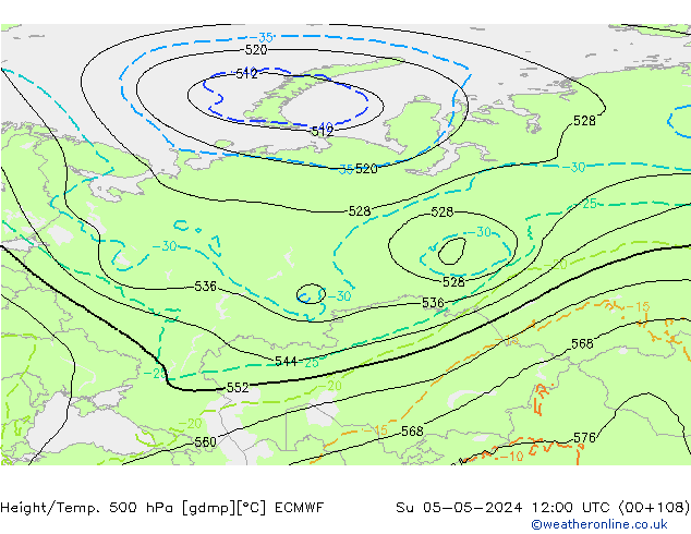 Z500/Rain (+SLP)/Z850 ECMWF Su 05.05.2024 12 UTC