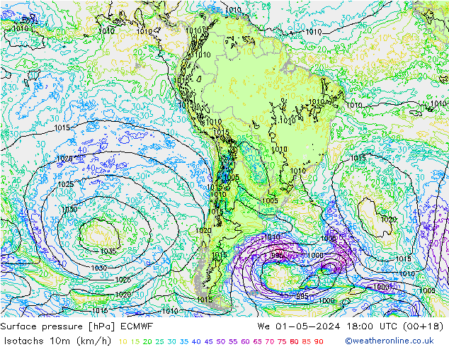 Isotachs (kph) ECMWF  01.05.2024 18 UTC