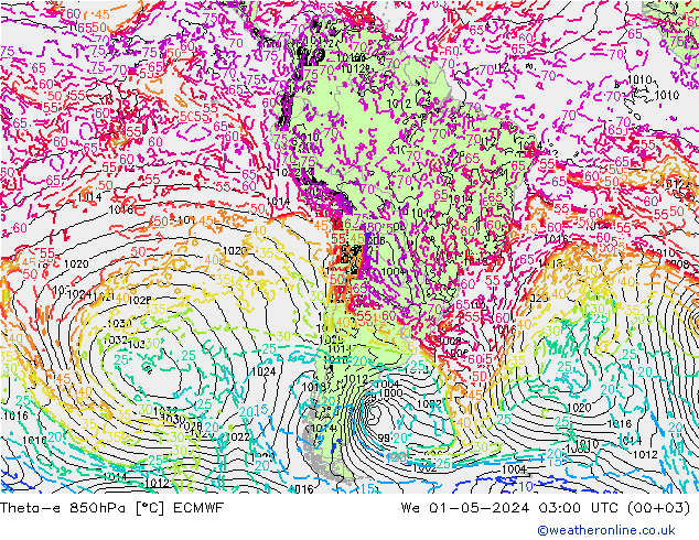 Theta-e 850hPa ECMWF We 01.05.2024 03 UTC