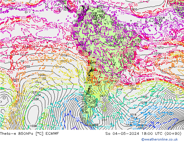 Theta-e 850hPa ECMWF Sa 04.05.2024 18 UTC