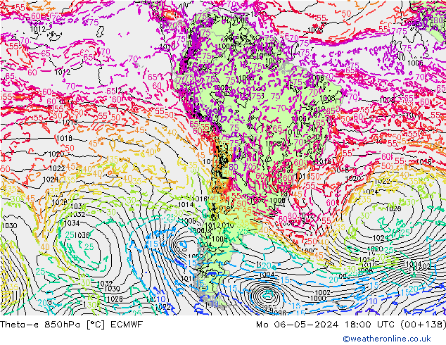 Theta-e 850hPa ECMWF pon. 06.05.2024 18 UTC