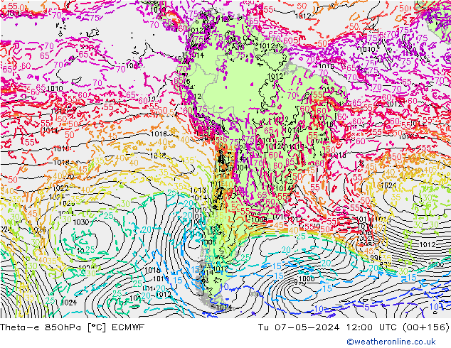 Theta-e 850hPa ECMWF Út 07.05.2024 12 UTC