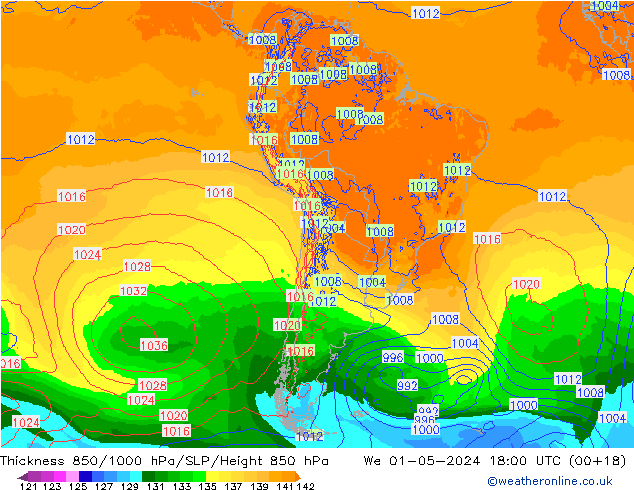 Thck 850-1000 hPa ECMWF mer 01.05.2024 18 UTC