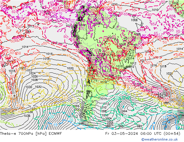 Theta-e 700hPa ECMWF ven 03.05.2024 06 UTC