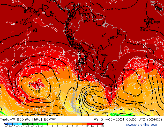 Theta-W 850hPa ECMWF Qua 01.05.2024 03 UTC