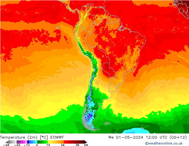 Temperatuurkaart (2m) ECMWF wo 01.05.2024 12 UTC