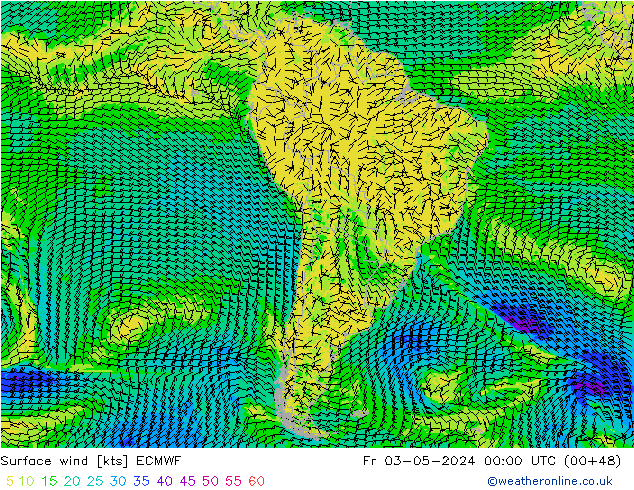 wiatr 10 m ECMWF pt. 03.05.2024 00 UTC