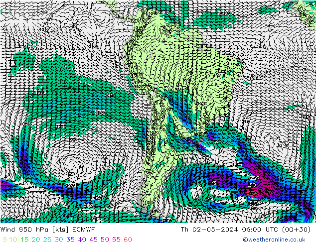 Wind 950 hPa ECMWF Čt 02.05.2024 06 UTC