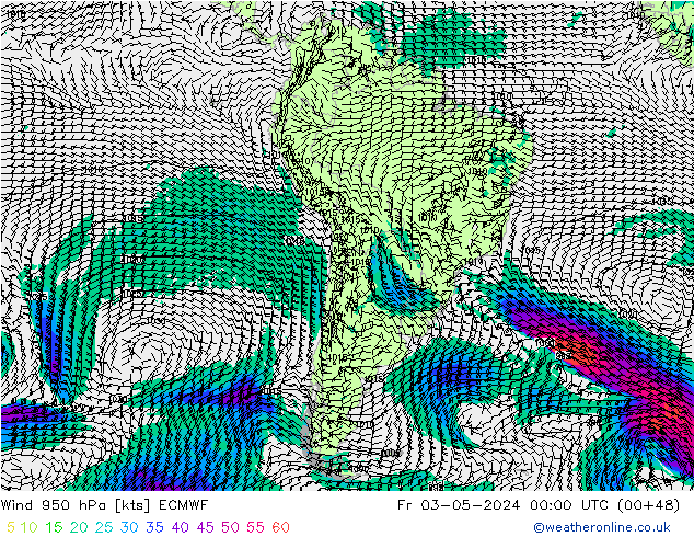 Vento 950 hPa ECMWF ven 03.05.2024 00 UTC